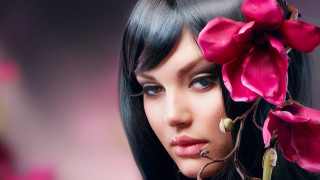 Woman black hair flower pink - airbrush free wallpaper