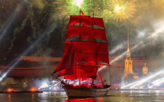 Red sailboat fireworks castle mountains - a castle in the background free wallpaper for desktop