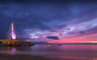 Pier purple light sunset boats - free ship wallpaper