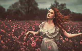 Woman flower field breeze cinematic - the side of her body free wallpaper