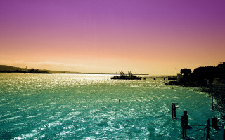 Boat dock bridge sunset purple - fauvism free wallpaper