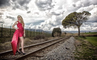 Woman red dress traintrack tree - a train track free wallpaper for desktop