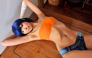 Blue hair cosplay denim bikini - a mirror behind her free wallpaper