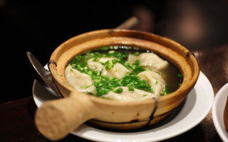 Soup dumplings greenonions plate spoon - a wooden spoon free wallpaper