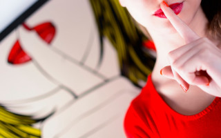 Woman red dress finger lipstick - feminist free wallpaper