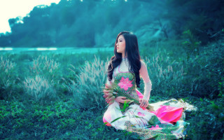 Woman dress field flower flowers - a woman in a dress free wallpaper for desktop