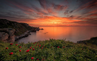 Sunset water boat cliff redflowers - colin hayes free wallpaper