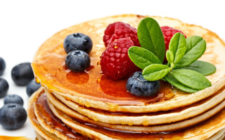 Pancakes blueberries raspberries syrup food - a stack of pancakes free wallpaper