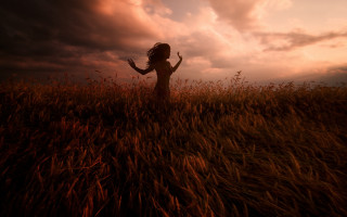 Woman field sunset clouds impressionist - a dark cloud free wallpaper