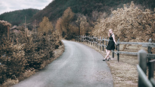 Woman road fence trees mountain - a fence free wallpaper for desktop