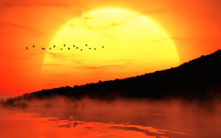 Birds lake sunset mountain mist - over a lake free wallpaper