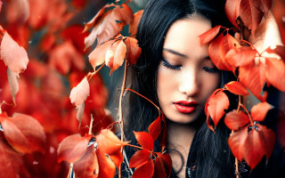 Woman blackhair redleaves closedeyes autumn - chen yifei free wallpaper