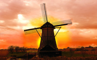 Windmill red sky clouds dusk - a windmill free wallpaper