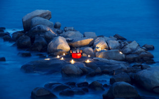 Red boat rocks water night - land art free wallpaper