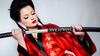 Woman red kimono sword fashion - a black handle free wallpaper for desktop