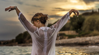Woman beach outstretched arms water - constantine andreou free wallpaper for desktop