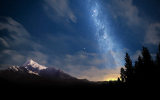 Night sky mountains trees bright - a night sky free wallpaper
