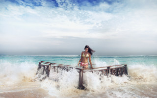 Woman pier ocean waves blue - adrian zingg free wallpaper