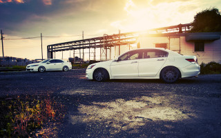 White cars sunset cityscape night - the background and a building free wallpaper