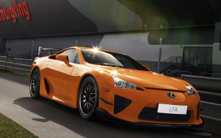 Orange sports car parked building - free 3d render wallpaper