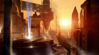 Futuristic city fountain sunset afrofuturism - a fountain in the middle of it free wallpaper