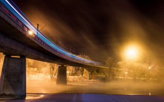 Train bridge night fog lights - akseli gallenkallela free wallpaper