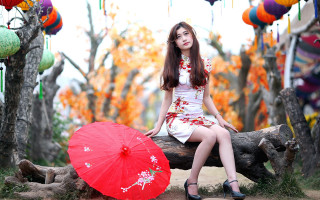 Woman red umbrella autumn cosplay - a log free wallpaper for desktop