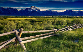 Wooden fence grassy mountains clouds - ansel adams free wallpaper