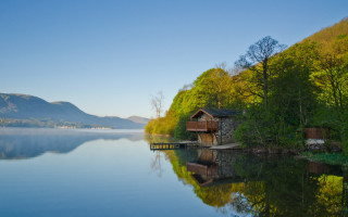 Lake house mountains blue sky 2 - free ship wallpaper