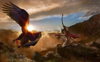 Woman sword bird wings horizon - clint cearley free wallpaper