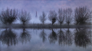Foggy lake trees church blue - eric deschamps free wallpaper