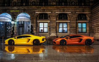Orange sports cars rainy day - bright color free wallpaper