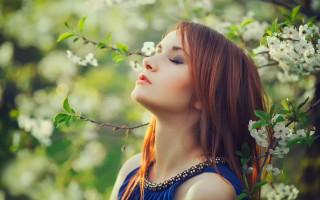 Red haired woman tree white - dreamlike free wallpaper