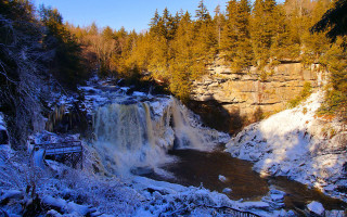 Waterfall bridge trees snow autumn - covered ground free wallpaper for desktop