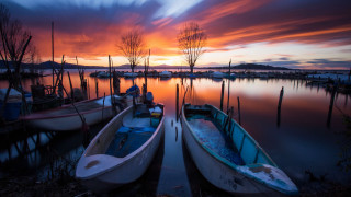 Boats sunset mountains bridge bush - the boat free wallpaper