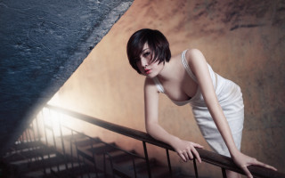 Woman leaning stairwell white dress - a rail free wallpaper