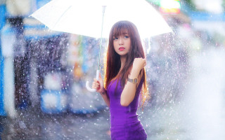 Woman umbrella rain city lights 2 - feng zhu free wallpaper