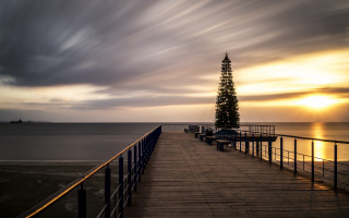Pier tree sunset clouds boat - arthur sarkissian free wallpaper