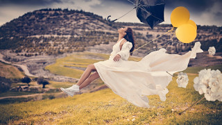 Woman white dress flying umbrella - celia fiennes free wallpaper
