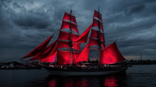Red sailboat night water dark - rembrandt free wallpaper