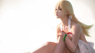 Blonde woman sitting white dress - collar free wallpaper