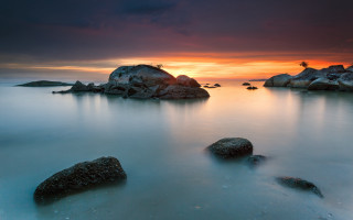 Sunset rocky beach birds long - a long exposure of a sunset over a rocky beach free wallpaper