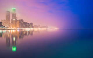 City skyline lake night bright - synchromism free wallpaper