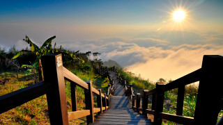 Wooden stairway mountain clouds sunshine - cui bai free wallpaper