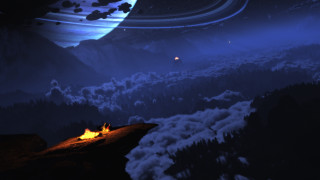 Distant planet campfire mountain night - unreal engine free wallpaper for desktop
