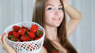 Woman basket strawberries smiling food - excessivism free wallpaper