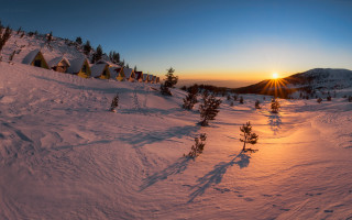 Sunset snowy mountain tents trees - sunrise free wallpaper
