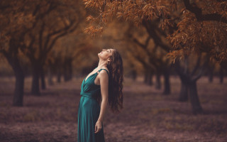 Woman green dress forest autumn - a green dress free wallpaper for desktop