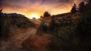 Sunset dirt road mountains ada - three person free wallpaper