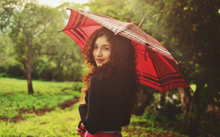 Woman red umbrella park nature - the background and grass free wallpaper